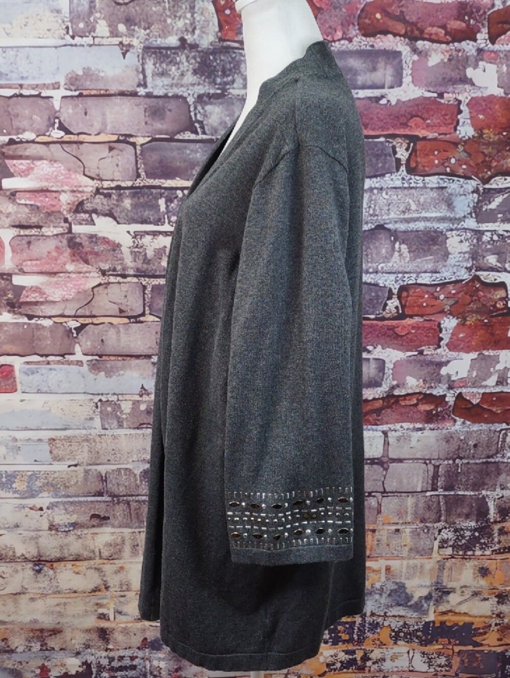 JM Collection Dark Gray Open-Front Studded Cuff Cardigan - Picture 2 of 8